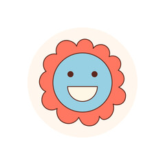 Cute groovy blue smiley flower sticker in cartoon retro style. Round seal with a happy face and y2k look, perfect for package lid or circle product label with playful and positive flair.
