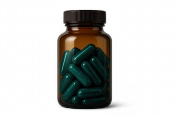 Green capsules resting inside amber glass medication container, positioned against clean transparent surface
