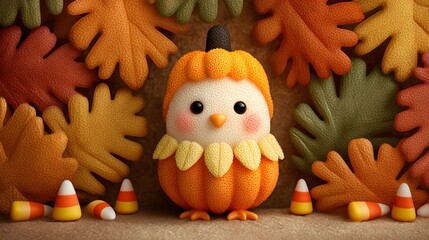 Cute baby turkey dressed in a pumpkin costume celebrates Thanksgiving with festive decorations and candy corn