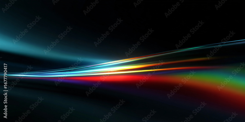 Poster abstract illustration with rays of light on black background. multicolored iridescent light rays. pr