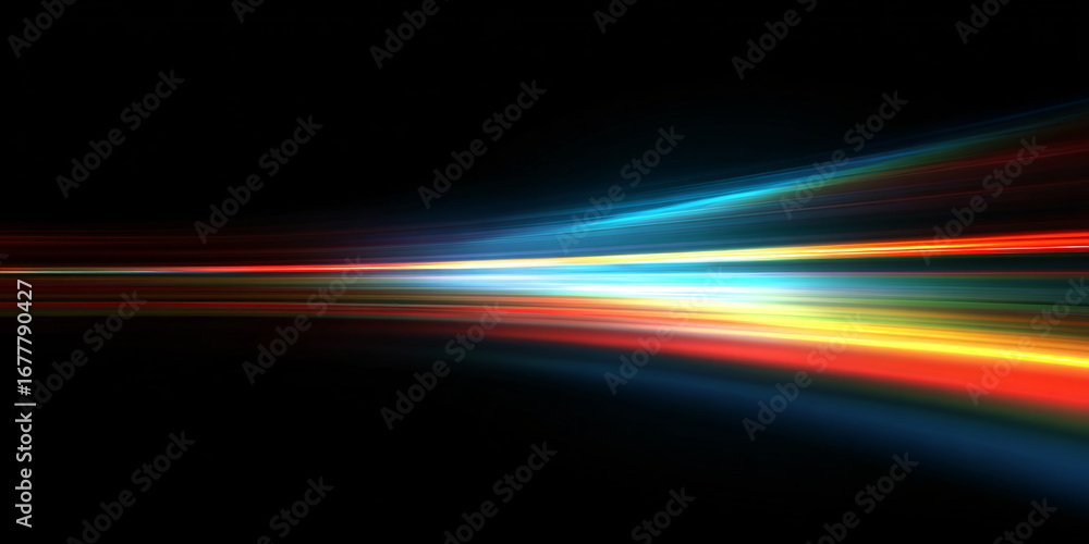 Poster abstract illustration with rays of light on black background. multicolored iridescent light rays. pr