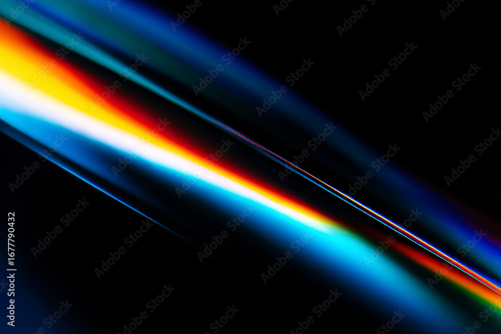 Poster abstract illustration with rays of light on black background. multicolored iridescent light rays. pr