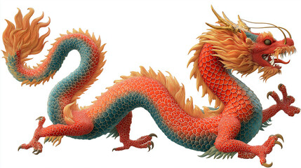 A fierce orange and blue dragon stands isolated on a white background, showcasing its powerful wings, scaly body, sharp claws, and mythical presence.