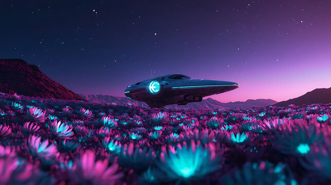 Futuristic spaceship hovers above a field of glowing pink and blue alien flowers under a starry night sky.