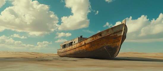 Surreal desert landscape featuring a weathered ship under a cloudy sky