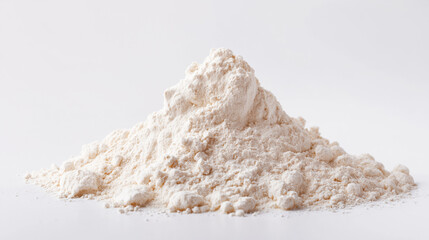 A soft mound of white flour powder sits isolated on a white background, symbolizing purity, baking essentials, and culinary simplicity.