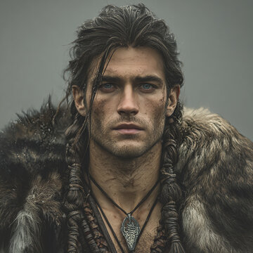 A portrait of a Viking warrior with length brown hair, intense blue eyes, stubble beard, a fur cape, and a precise face against a cloudy sky.