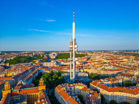 Sunset panorama view of Zizkov TV tower overlooking Prague, Czec