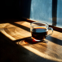 A coffee cup on a wooden table. The shadow of the light streaming through the window is precisely dividing the glass cup of premium black coffee in a coffee shop with high-quality services.