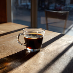 A glass cup of premium black coffee on a wooden table is perfectly with the shadow of light streaming through the window in a coffee shop providing high-quality service.