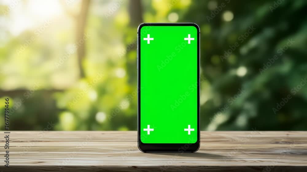 Poster smartphone with green screen display for chroma key compositing placed on a rustic wood table outdoo