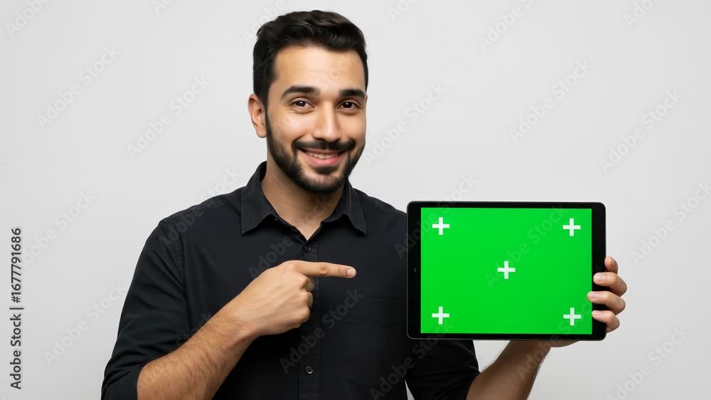Poster man presenting tablet with green screen for technology integration, holding device for mockup conten