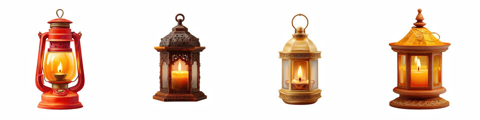 Lantern with diya inside for diwali decoration, clipart collection, vector, icons isolated on transparent background