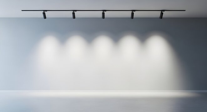 Illuminated Track Lighting: A modern minimalist setting illuminated by a sleek black track lighting system, casting focused light across a clean, bright backdrop.