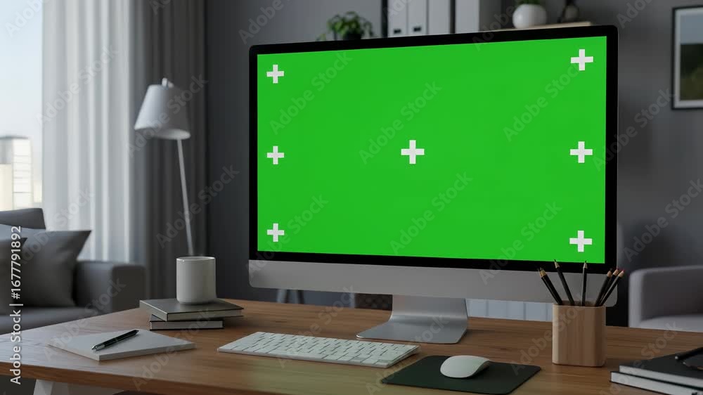 Poster home office workstation setup featuring a modern desktop computer with a green screen in a stylishly