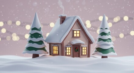 Naklejka premium Cozy christmas house in winter wonderland with snow covered trees and lights creating a festive and magical atmosphere