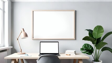 Stylish modern inrerior living room design, table, armchair, laptop with empty screen, white wooden frame for painting an wall mock up, green plant