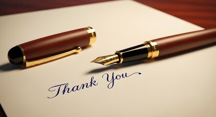 Thank You Note: A close-up of a fountain pen, elegantly resting on a textured paper with the handwritten phrase Thank You, evoking a sense of gratitude, appreciation, and personal touch.