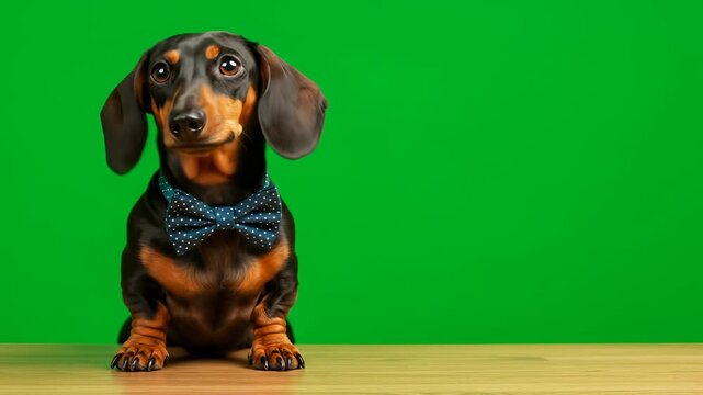 Dachshund in a bowtie: A charming, poised dachshund portrait set against a vibrant green backdrop.