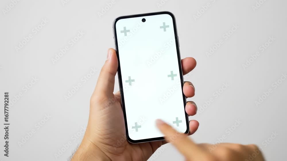 Poster phone green screen mockup: close-up of hand using touch gestures on smartphone screen with tracking 