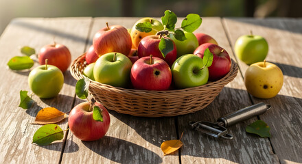 Fresh Red and Green Apples in a Basket.