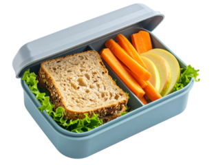 Lunch box with sandwich apple and carrot sticks isolated on transparent background