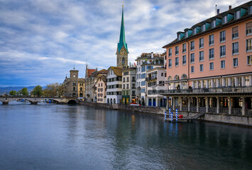 Cityscape of Zurich, Switzerland, at dus over the Limmat River in Altstadt