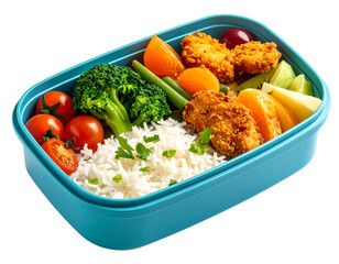 Lunch box with chicken rice broccoli and carrots isolated on transparent background