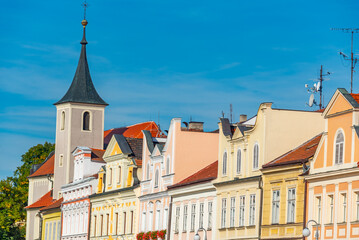 Fototapeta premium Colourful houses in the center of Domazlice, Czech republic