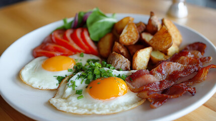 A delicious breakfast plate featuring a fluffy omelette with tomatoes and fresh vegetables sits isolated on a clean white background.