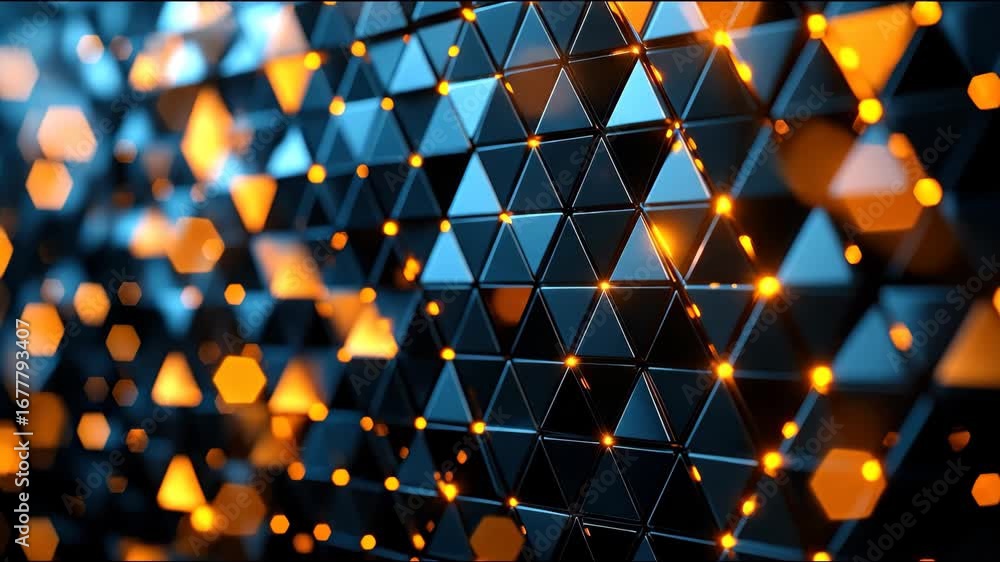 Poster abstract geometric pattern of dark triangles with glowing orange nodes
