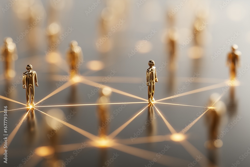 Poster golden figures stand connected by a network of glowing lines on a dark surface. concept for social c