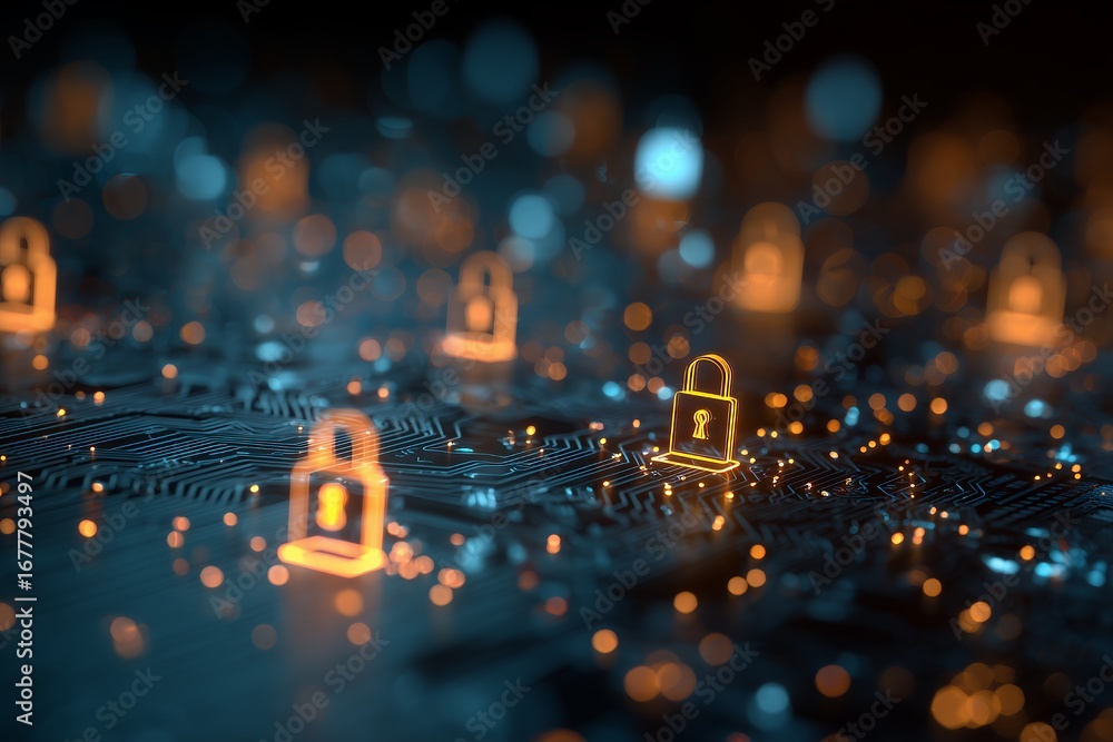 Poster glowing padlocks symbolize digital security on a blue circuit board with bokeh lights. concept for d