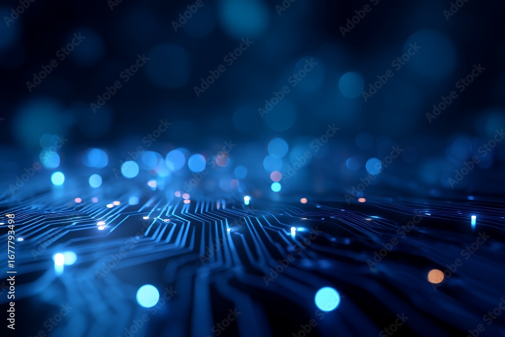 Poster abstract blue circuit board with glowing lights and digital network connection shown, concept for cy