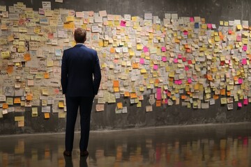 Back view of a businessman analyzing a wall covered in sticky notes, brainstorming and reflecting. Concept for strategic planning, project management, and problem-solving solutions