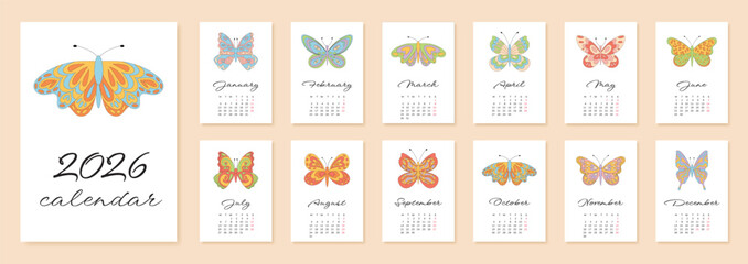 Groovy retro butterfly calendar with cute and colorful month template. Modern 2026 year collection in graphic banner style, y2k accent as a cheerful wall or desk addition for bright and playful decor.