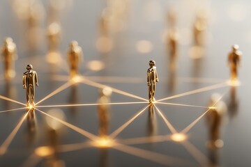 Golden figures stand connected by a network of glowing lines on a dark surface. Concept for social connection, business networking and global communication