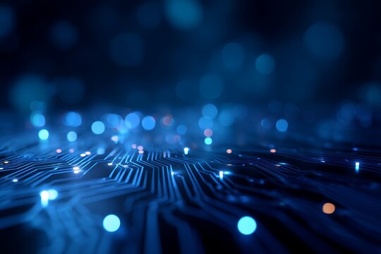 Abstract blue circuit board with glowing lights and digital network connection shown, concept for cybersecurity, data processing and technology innovation