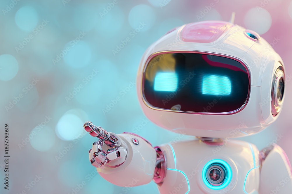 Poster close-up of a cute futuristic robot with glowing eyes and pointing finger on a bokeh background. con