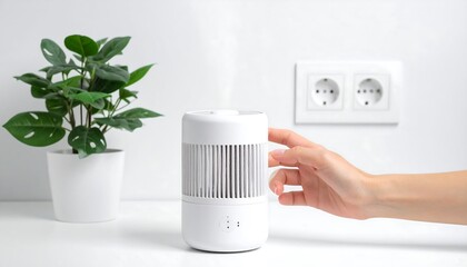 A modern, minimalist air purifier sits on a white surface, next to a houseplant, with a hand reaching to adjust the device.