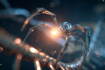 Close-up of a metallic, robotic spider with glowing orange eyes on a blurred background. Concept for science fiction illustrations, Halloween design elements, and futuristic tech themes