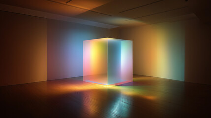 A soft pastel rainbow light gently projects onto a white cube, creating a dreamy, modern, and aesthetically minimal visual scene.