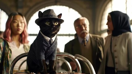 Dapper cat sits on luggage at station; diverse crowd