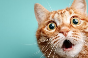 Close-up portrait of surprised orange tabby cat with mouth open against blue background, concept for pet adoption campaigns, veterinary advertising and humorous social media content