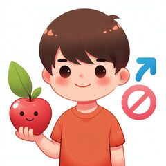 a man wearing an orange t-shirt holding an apple