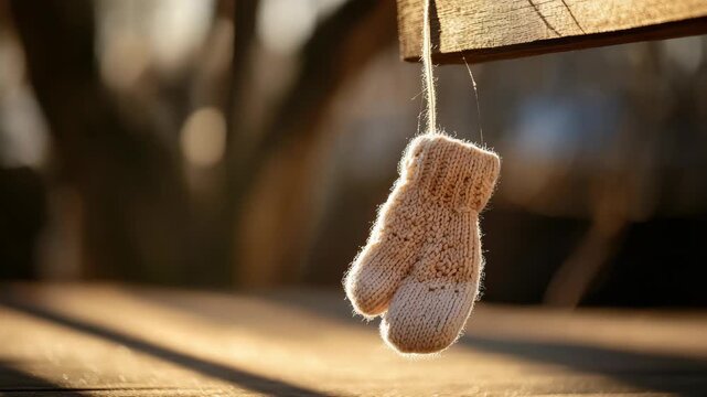 Single mitten hanging on string in warm sunlight