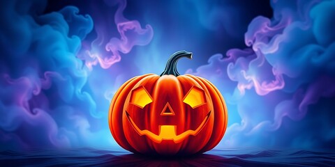 Fototapeta premium glowing carved jack-o'-lantern with a smiling face, set against a spooky blue and purple smoky background.