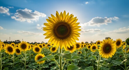 Fototapeta premium Scenic vista of vibrant sunflower field under a bright blue summer sky filled with light clouds