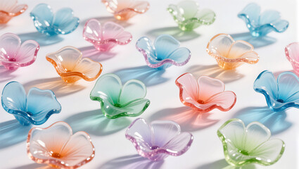 Artful colorful glass flower dishes on a white background