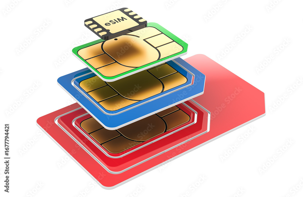 Poster colored sim cards and esim stack. 3d rendering